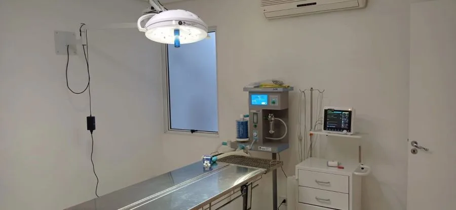 Centro cirúrgico da Doutor Pets, com mesa cirúrgica de inox, foco cirúrgico e monitor multiparamétrico