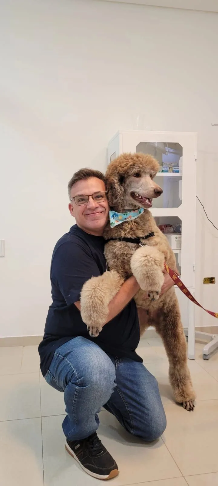 Veterinário da Doutor Pets segurando no colo um poodle de porte grande dentro do consultório