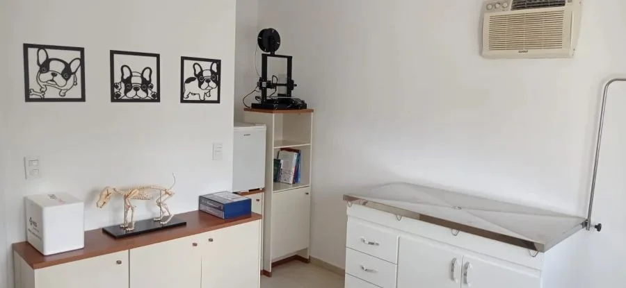 Consultório clínico da Doutor Pets, com mesa de atendimento, bancada e modelo anatômico